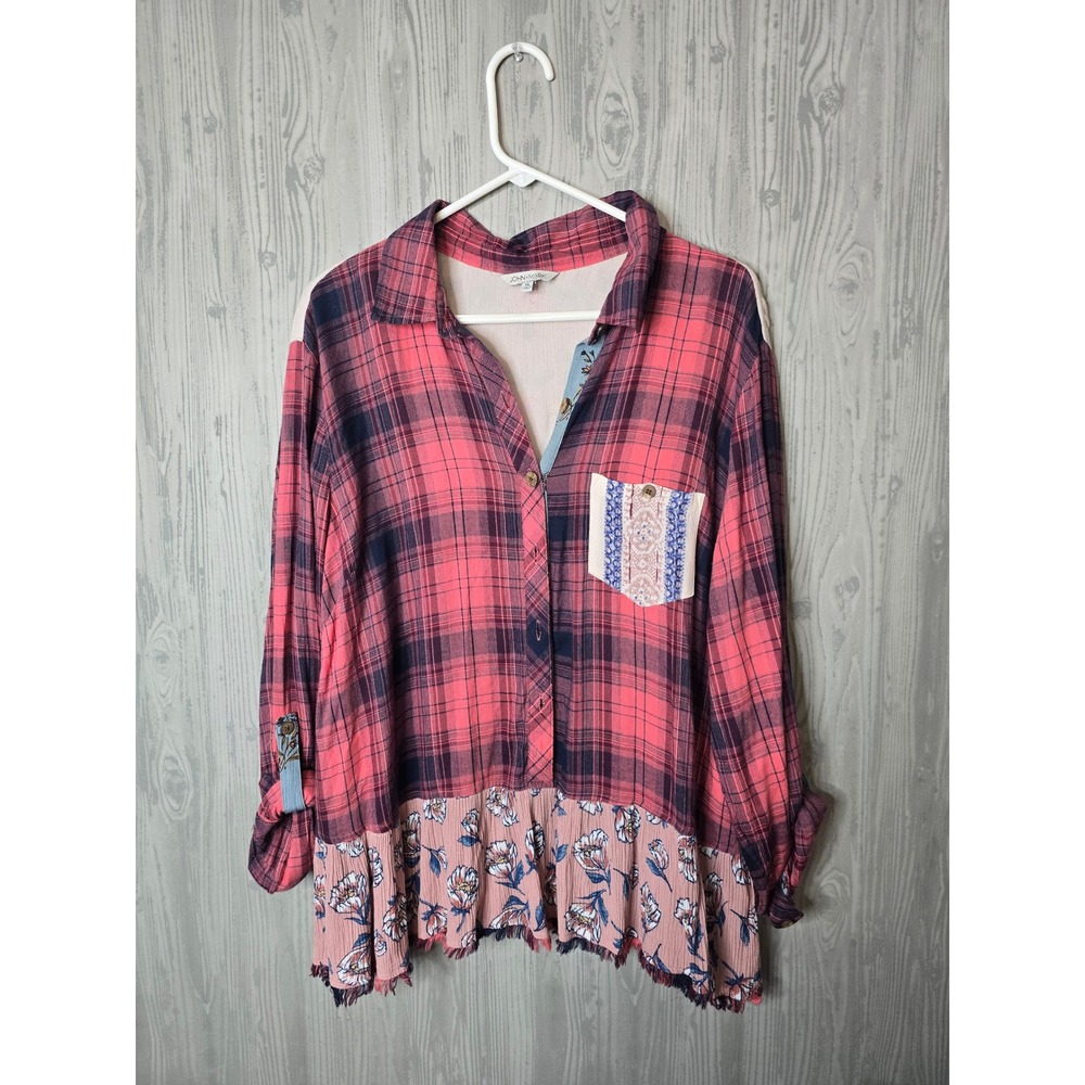 John Mark Plaid Floral Embroidered Shirt Womens XL Mixed Media Boho Pink Navy